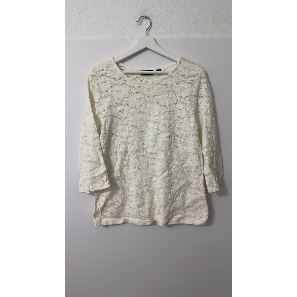 Avenue Lace Top Womens 14/16 White 3/4 Sleeve Floral Stretch Round Neck Coquette